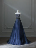 A line Strapless Navy Blue Tulle Long Prom Dresses Evening Gowns S3857