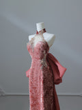 Mermaid High Neckline Velvet Long Prom Dresses Evening Gowns S3862