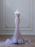 Mermaid Off The Shoulder Lilac Sequin Long Prom Dresses Evening Gowns S3866