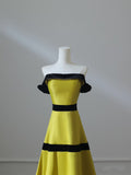 A Line Strapless Satin Yellow Long Prom Dresses Evening Gowns S3869
