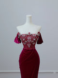 Mermaid Off The Shoulder Burgundy Long Prom Dresses Evening Gowns S3863
