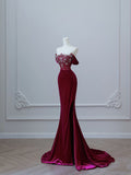 Mermaid Off The Shoulder Burgundy Long Prom Dresses Evening Gowns S3863