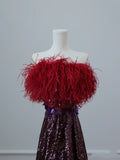 A Line Strapless Sequin Long Prom Dresses Evening Gowns S3874