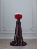 A Line Strapless Sequin Long Prom Dresses Evening Gowns S3874