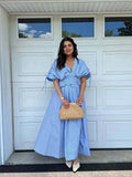 Blue 3D Flowers Fleated Drawstring Big Swing Deep V-neck Elegant Holiday Vacation Maternity Photoshoot Baby Shower Maxi Dress Maternity