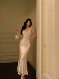 Mermaid Spaghetti Straps Date Night Dress Floral Ivory Satin Prom Dresses Birthday Outfit SD744