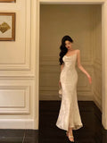 Mermaid Spaghetti Straps Date Night Dress Floral Ivory Satin Prom Dresses Birthday Outfit SD744