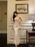 Mermaid Spaghetti Straps Date Night Dress Floral Ivory Satin Prom Dresses Birthday Outfit SD744