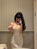 Mermaid Spaghetti Straps Date Night Dress Floral Ivory Satin Prom Dresses Birthday Outfit SD744