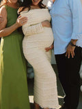 Beige Lace Off Shoulder Ruffle Falbala Bodycon Elegant Maternity Baby Shower Maxi Dress Maternity