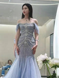 Mermaid Off The Shoulder Blue Tulle Silver Beads Long Prom Dresses Formal Evening Dress SD1399 HZ0628