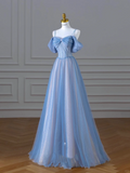 A Line Spaghetti Straps Long Party Dress Blue Prom Dresses SD2449 HZ0628