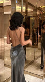 Satin Mermaid Long Party Dress Graduation Gown Gray Prom Dress Evening Dress SD1735