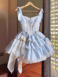 Ball Gown Straps Floral Lace Party Dresses Blue Birthday Outfits With Flowers SD456