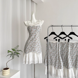 A line Spaghetti Straps Blue Sleeveless Floral Dress Short Holiday Dresses SD280