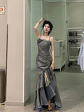 Mermaid Spaghetti Straps Prom Dresses Gray Long Party Dress SD1309