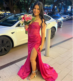 Mermaid Spaghetti Straps Hot Pink Long Satin Prom Dresses Formal Evening Dress SD2411