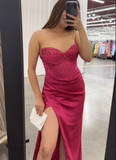 Mermaid Spaghetti Straps Hot Pink Long Satin Prom Dresses Formal Evening Dress SD2411
