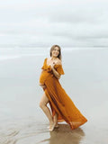 Ginger Yellow Flowy Ruffle Falbala Wrap Side Slit Big Swing Elegant Baby Moon Beach Vacation Gown Boho Maternity Photoshoot Baby Shower Maxi Dress Maternity