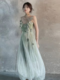 A line Spaghetti Straps Floral Green Prom Dresses Birthday Dress For Women SD247