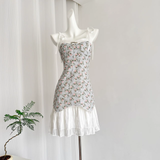 A line Spaghetti Straps Blue Sleeveless Floral Dress Short Holiday Dresses SD280