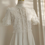 A line High Neckline Short Sleeves Lace White Party Dress Chiffon Holiday Dresses SD348