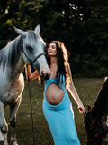 Blue Ruffle Falbala Bow Cut Out Sleeveless Cami Bodycon Maternity Maxi Dress Maternity