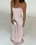 Mermaid Strapless Neckline Pink Long Chiffon Party Dresses Prom Dress SD2028 HZ0628