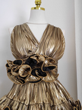 Sheath V Neckline Gold Ruffles Long Prom Dresses Birthday Outfits SD367