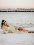 Ivory White Single Breasted Open Front Big Swing Deep V-neck Robe Elegant Wedding Gown Maternity Boho Photoshoot Baby Shower Maxi Dress Maternity