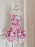A line Strapless Sleeveless Pink Floral Cocktail Dress Short Birthday Outfits SD388