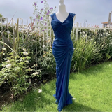 Fashion Mermaid V Neckline Navy Blue Floor Length Evening Dress Prom Dresses SD1881 HZ0628