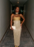Mermaid Strapless Long Yellow Sequin Satin Party Dresses Prom Dresses SD2042 HZ0628
