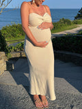 Beige Tube Twist Bow Back Slit Bodycon Crochet Fashion Baby Shower Maternity Maxi Sweater Dress Maternity