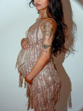 Champagne Sequin Tassel Tie Back Cami Backless V-neck Club Fashion Gatsby Maternity Photoshoot Baby Shower Party Mini Dress Maternity