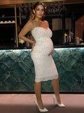 White Lace Spaghetti Strap Backless V-Neck Elegant Babyshower Party Maternity Midi Dress Maternity