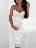White Lace Spaghetti Strap Backless V-Neck Elegant Babyshower Party Maternity Midi Dress Maternity