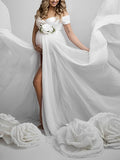 White Tulle Off Shoulder V-Neck Cap Sleeve Bodysuit Flowy Plus Size Photoshoot Maternity Maxi Dress Maternity