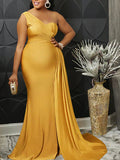 Belly Friendly Side Slit Oblique Shoulder Trailing Fitted Babyshower Maternity Maxi Dress Maternity