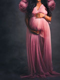 Tulle Ruffle V-neck Slit Plus Size Photoshoot Baby Shower Maternity Maxi Dress Maternity
