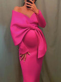 Off Shoulder Irregular Ruffle Bowknot V-Neck Long Sleeve Slit Bodycon Party Baby Shower Cute Plus Size Maternity Maxi Dress Maternity