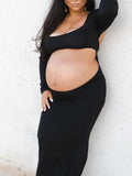 Black Cut Out Mermaid Crop Long Sleeve Backless Bodycon Cocktail Club Party Photoshoot Maternity Maxi Dress Maternity