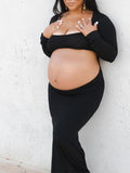 Black Cut Out Mermaid Crop Long Sleeve Backless Bodycon Cocktail Club Party Photoshoot Maternity Maxi Dress Maternity