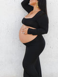Black Cut Out Mermaid Crop Long Sleeve Backless Bodycon Cocktail Club Party Photoshoot Maternity Maxi Dress Maternity