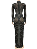 Black Mesh Rhinestone High Neck Crop 2-in-1 Midriff Bodycon Long Sleeve Photoshoot Evening Plus Size Maternity Maxi Dress Maternity