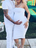 White Spaghetti Strap Bandeau Backless Ruffle Bodycon Cute Baby Shower Maternity Midi Dress Maternity