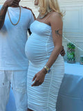 White Spaghetti Strap Bandeau Backless Ruffle Bodycon Cute Baby Shower Maternity Midi Dress Maternity