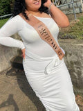 White Off Shoulder Ruffle Sashes Bodycon Cute Baby Shower Long Sleeve Maternity Midi Dress Maternity
