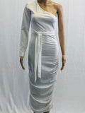 White Off Shoulder Ruffle Sashes Bodycon Cute Baby Shower Long Sleeve Maternity Midi Dress Maternity