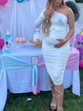 White Off Shoulder Ruffle Sashes Bodycon Cute Baby Shower Long Sleeve Maternity Midi Dress Maternity